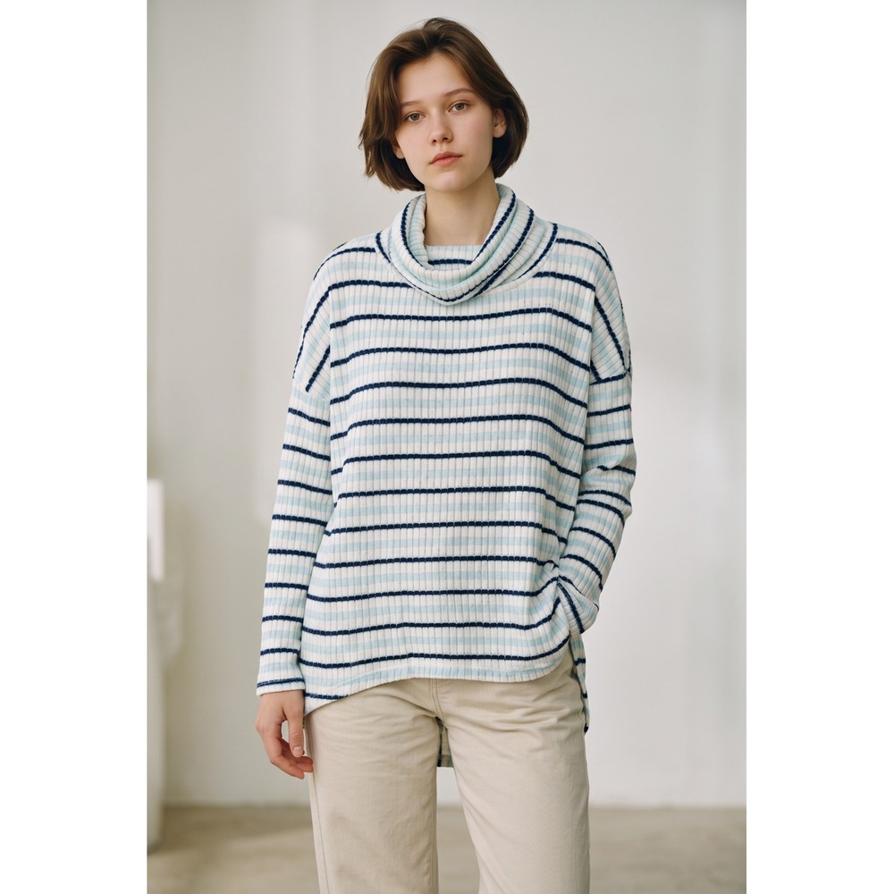 Time and Tru Womens Blue Striped Cowl Neck Ribbed Knit Tunic Top TT41100016599QQ